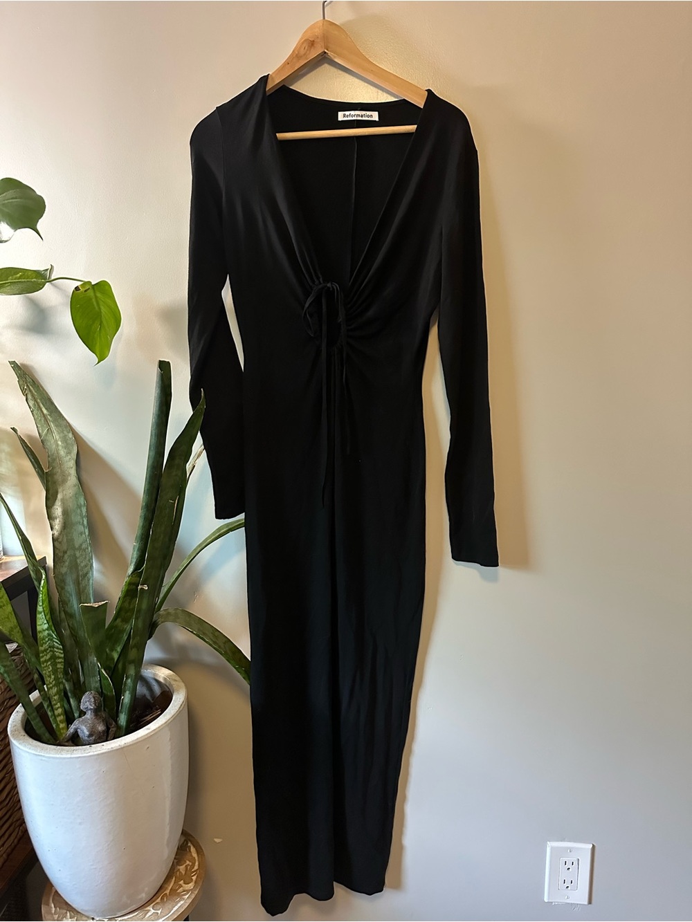 Reformation Black Long-Sleeve Tie-Front Maxi Dress